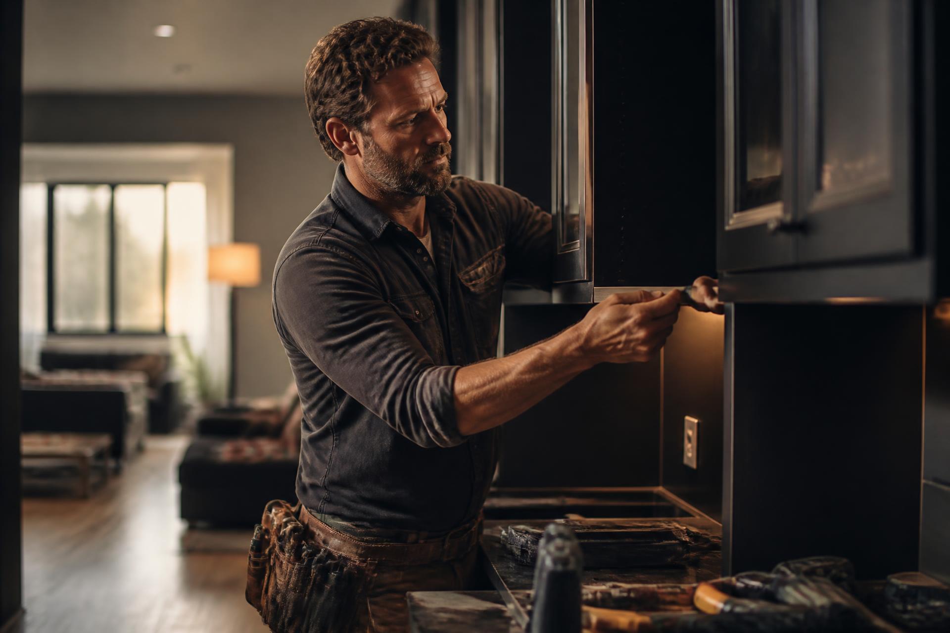 Thợ sửa chữa Tom HandyMan đang lắp tủ bếp tại một ngôi nhà ở Spokane